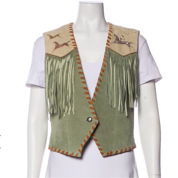 Patricia Wolf Jackets & Blazers - Patricia wolf hand painted leather fringe vest native american Indian ponies M